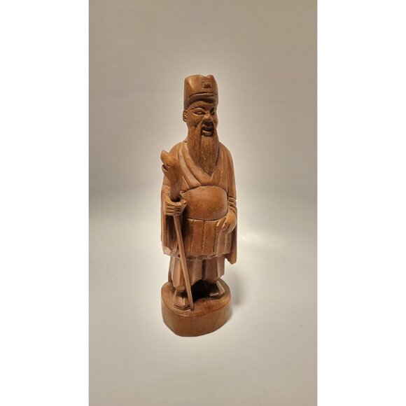 Vintage Carved Asian Man W/ Staff Wood Carving 10